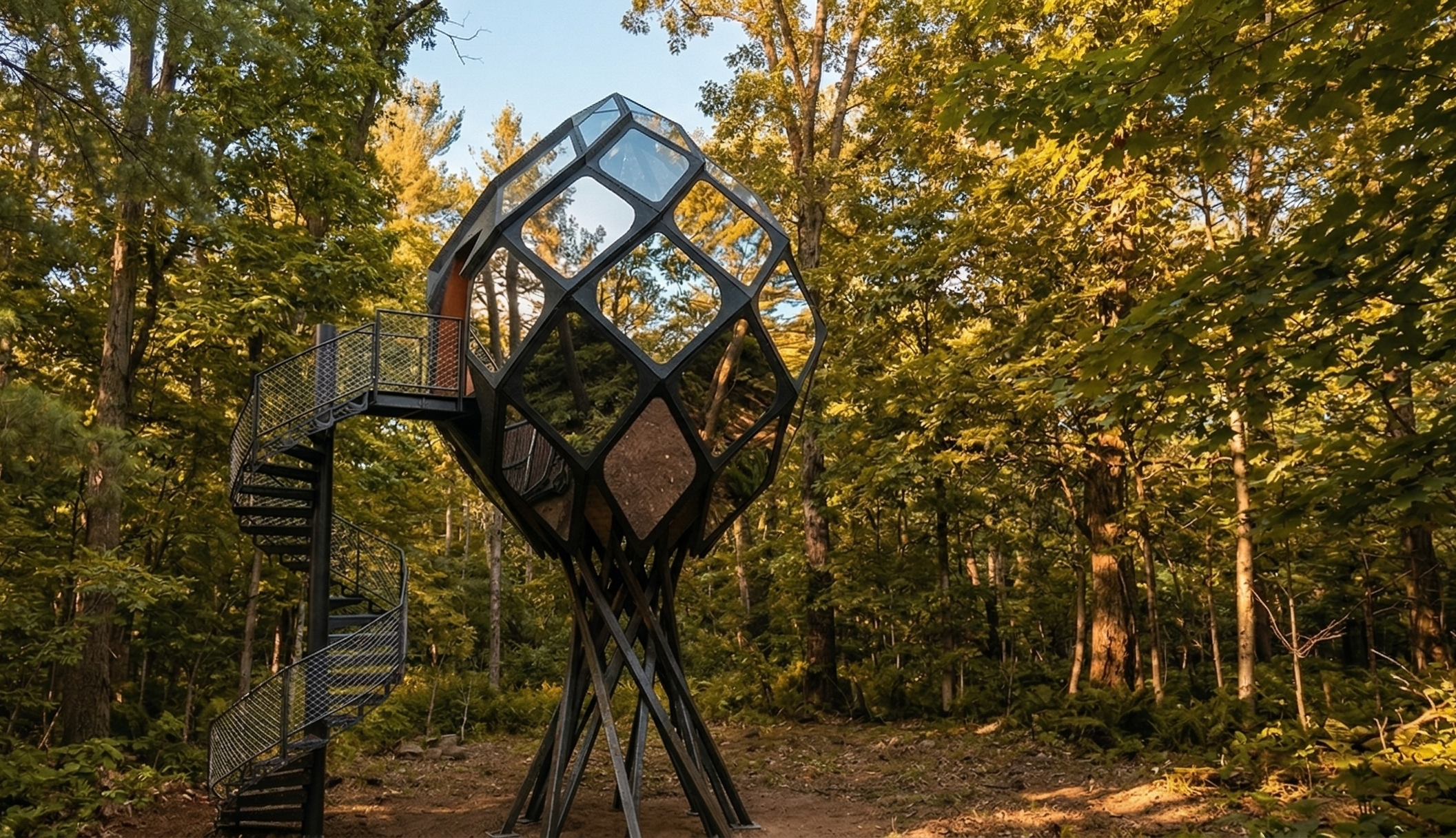 Moonhaven treehouse standing among the trees in Pepin, Wisconsin