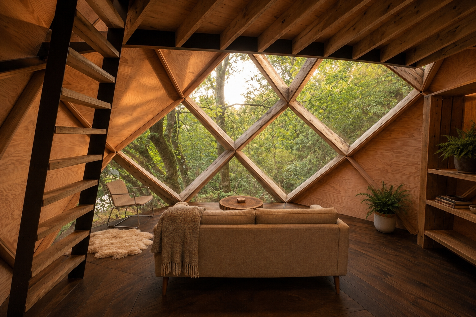 Moonhaven interior rendering with a geometric window looking into the forest