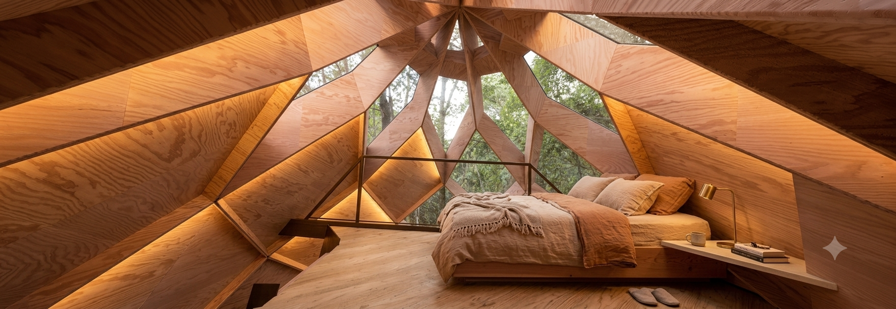 Moonhaven loft rendering with timber walls and a forest view