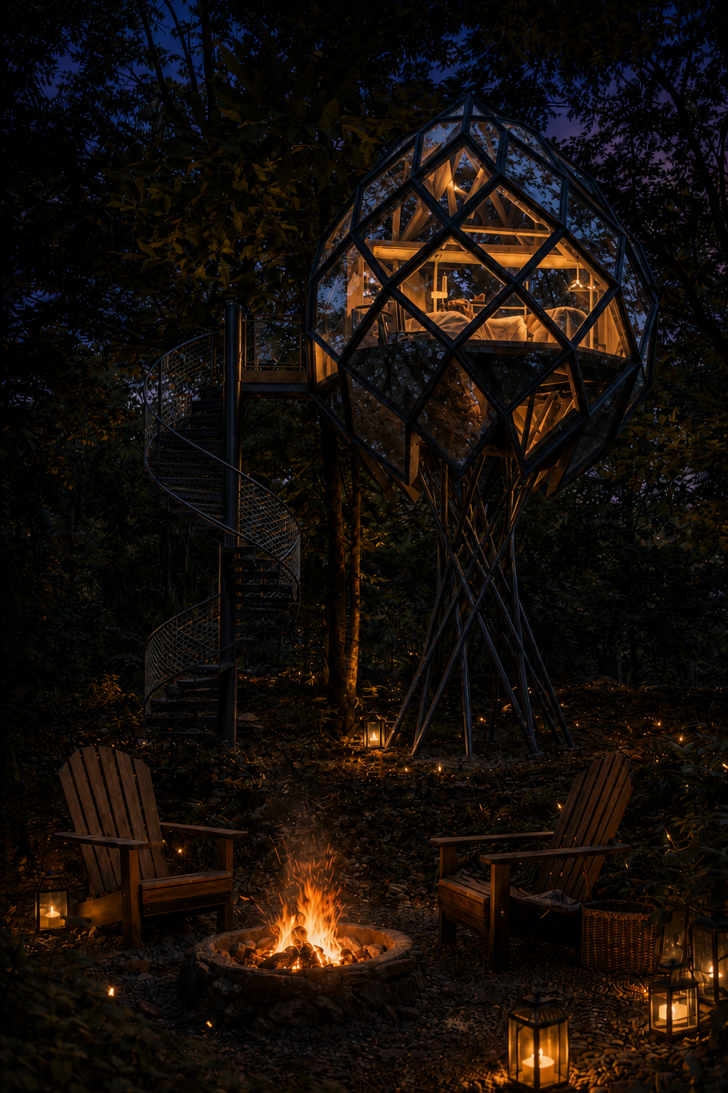 Moonhaven glowing at night among the trees