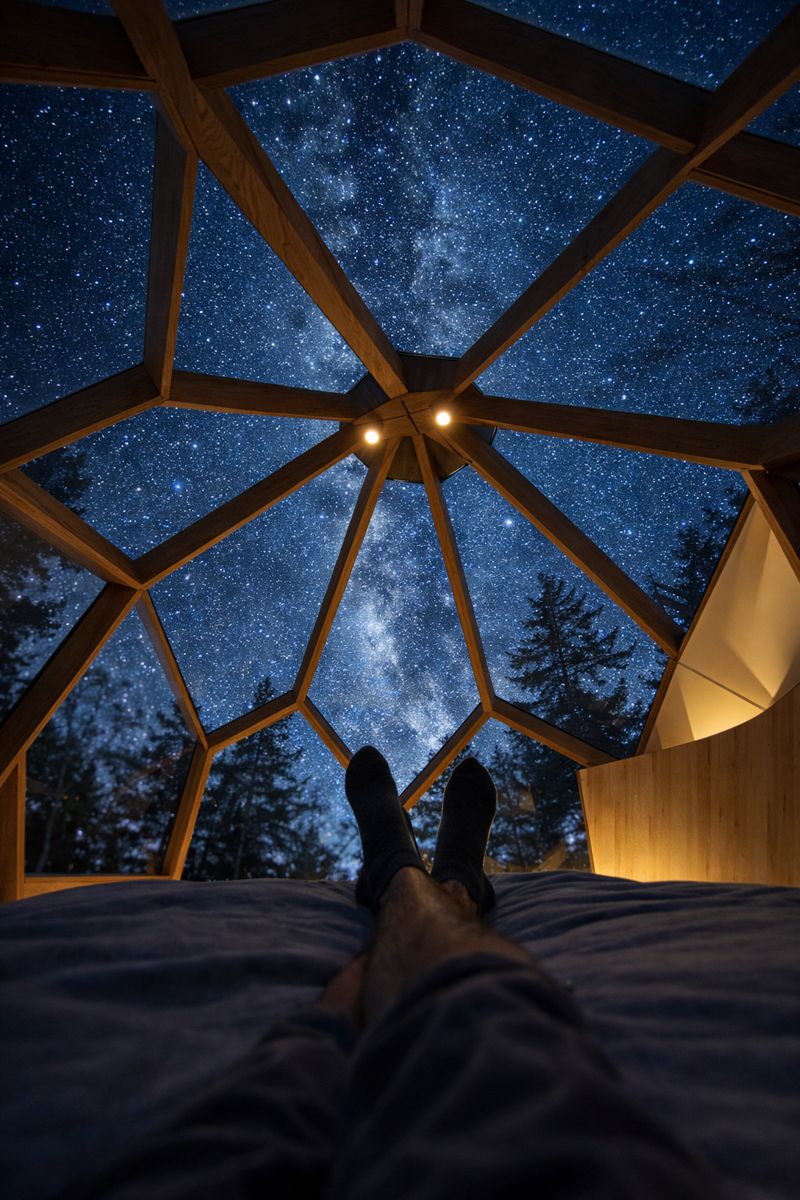 View of the night sky through Moonhaven’s geometric roof